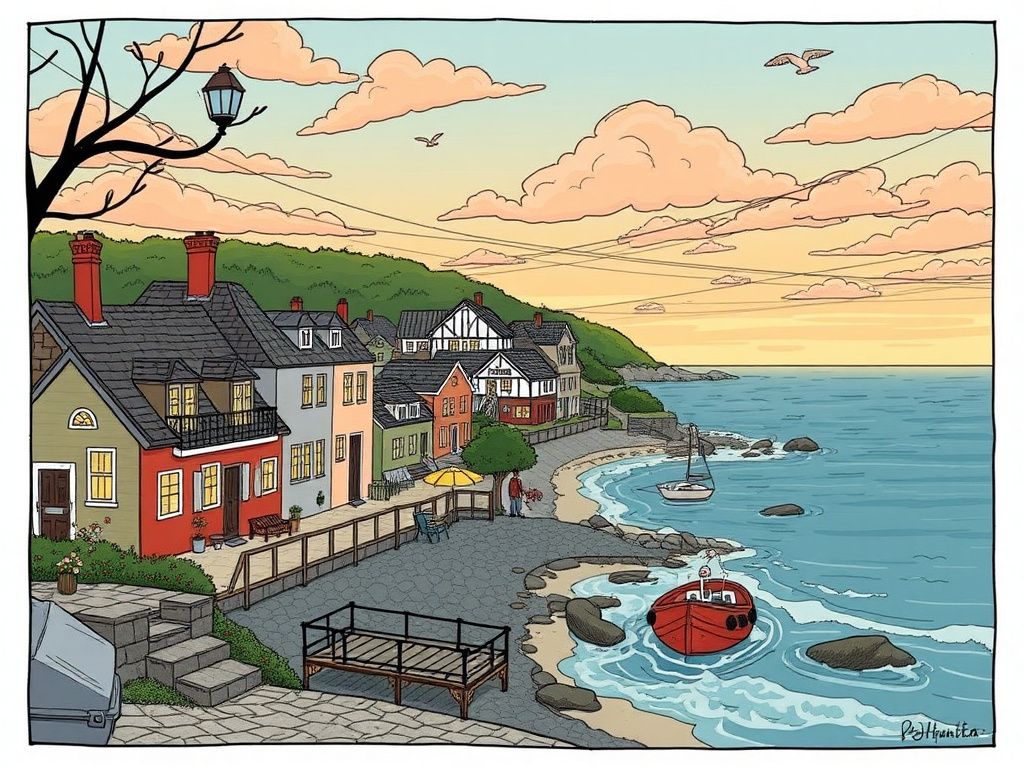 Warm literary comic cover with a quiet seaside town