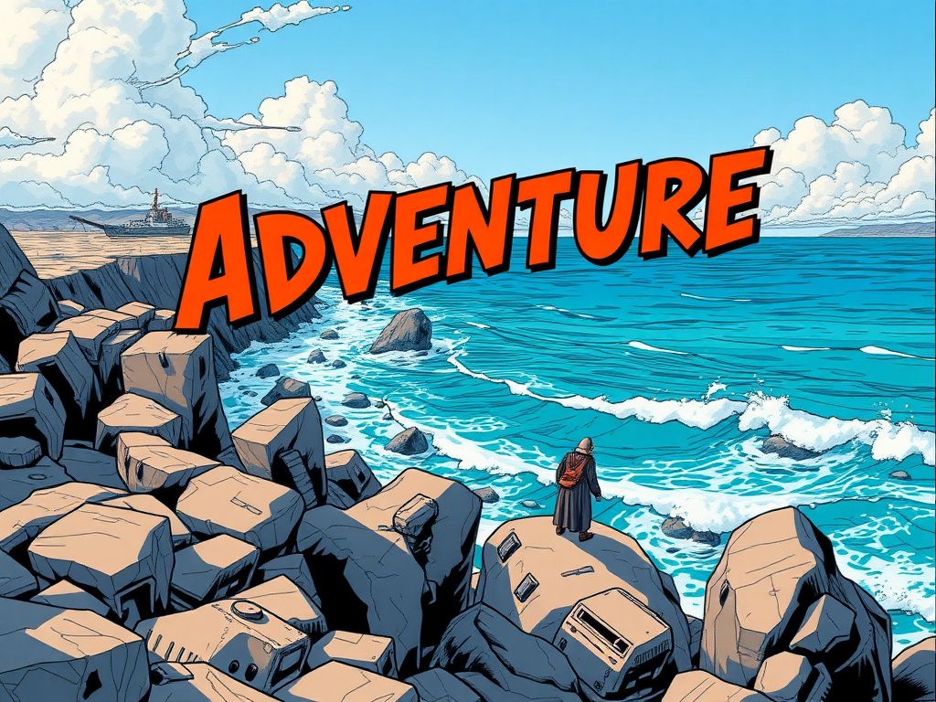 Adventure comic cover with a wide blue ocean