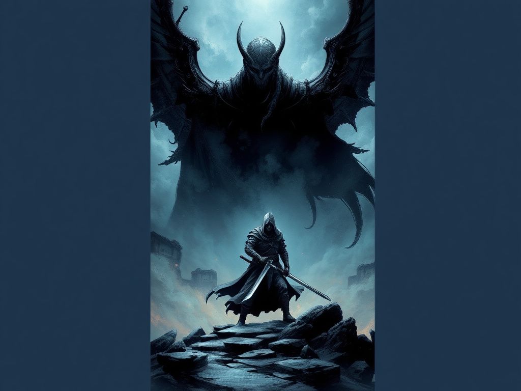 Dramatic fantasy comic cover with a lone swordsman