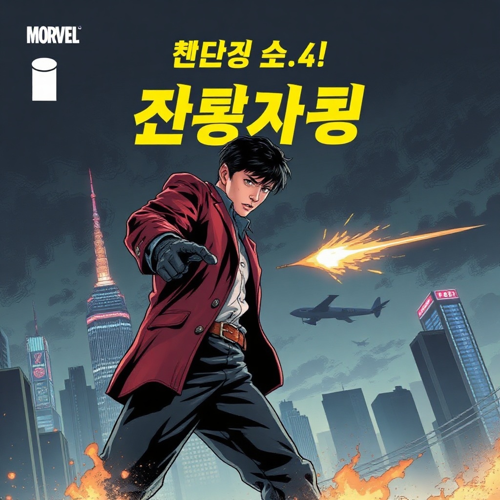 Korean action comic cover with a dark city skyline
